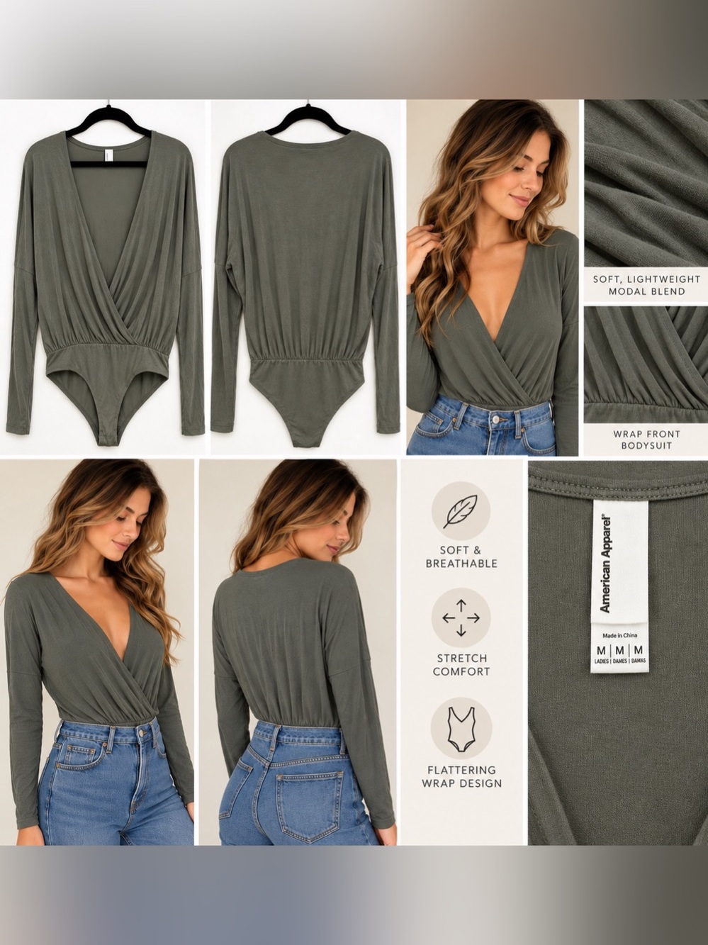 American Apparel Wrap Front Bodysuit in olive green Size Medium